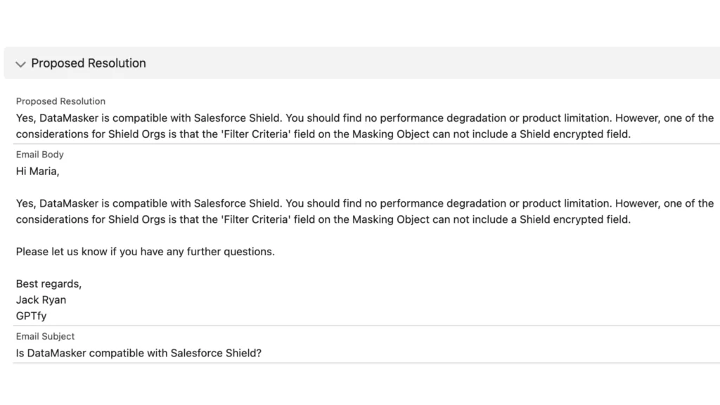 Proposed resolution in Salesforce case, confirming DataMasker’s compatibility with Salesforce Shield.