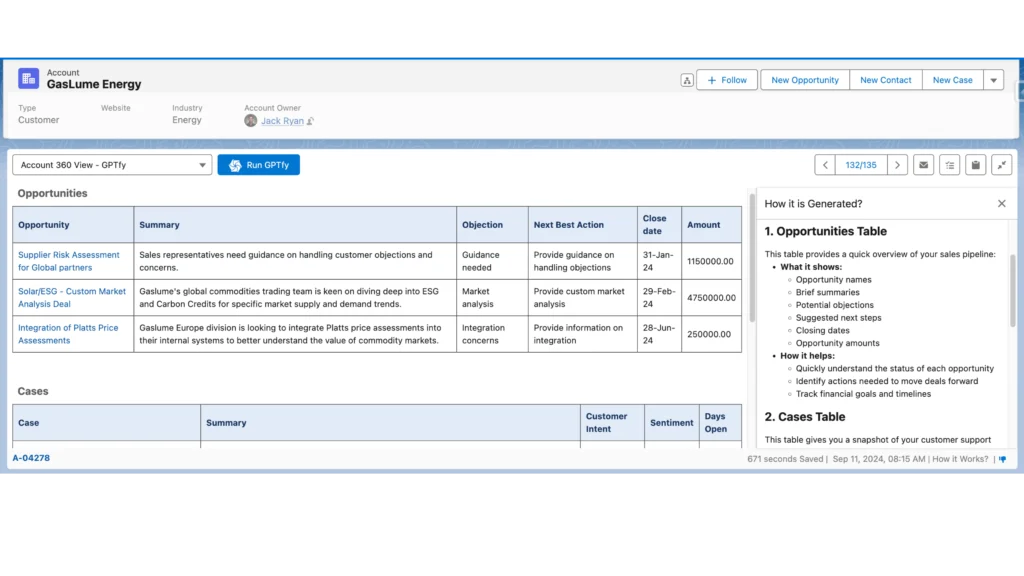 Sales opportunities and cases overview in GasLume Energy's Account 360, showing objections and next best actions."