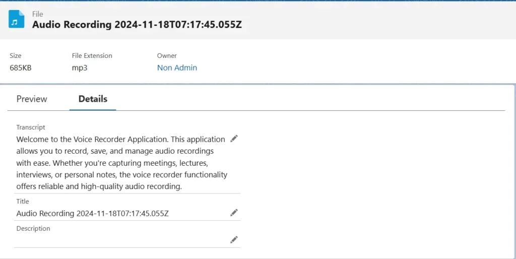 Detailed view of an audio recording file in GPTfy, showing the file size, format, owner, transcript, and title.