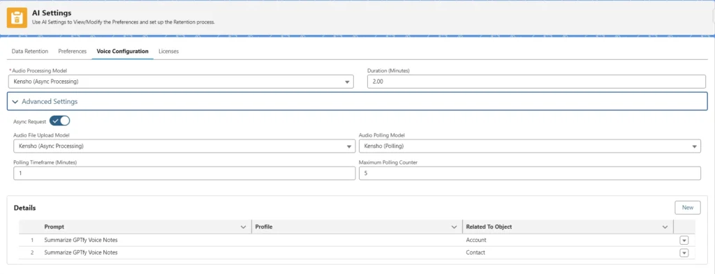 Voice Configuration settings in AI Settings, showing Kensho processing models and related prompts.