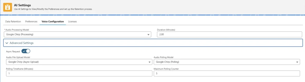 Configuration settings for Google Chirp voice processing and polling in the AI Settings section of Salesforce.