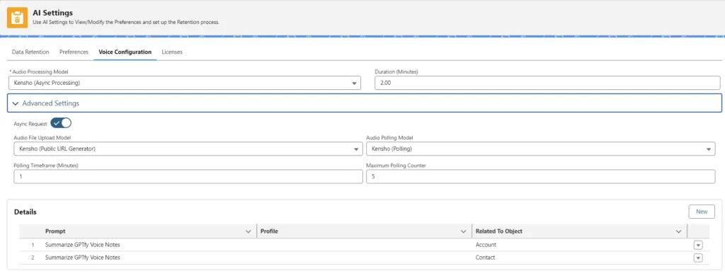 AI Settings page in Salesforce showcasing the Voice Configuration tab. The setup includes fields for selecting Audio Processing Model, duration in minutes, Audio File Upload Model, and Audio Polling Model. Advanced settings such as Async Request toggle, Polling Timeframe, and Maximum Polling Counter are displayed. A details section lists prompts with related objects like Account and Contact.