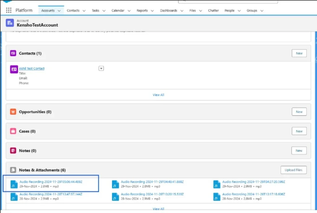 Salesforce account page displaying contacts, opportunities, cases, and audio recordings in Notes & Attachments.