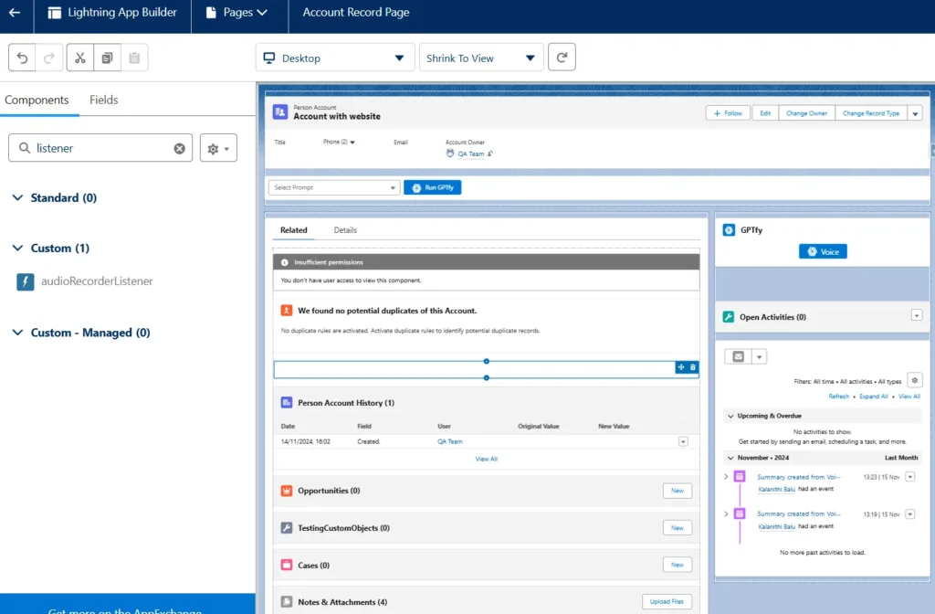 Salesforce Lightning App Builder showing the custom audioRecorderListener component added to the Account Record Page.