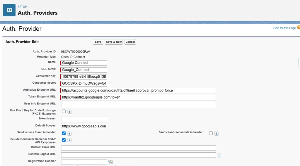 Salesforce Authentication Provider setup for Google Connect, using OpenID Connect protocol.