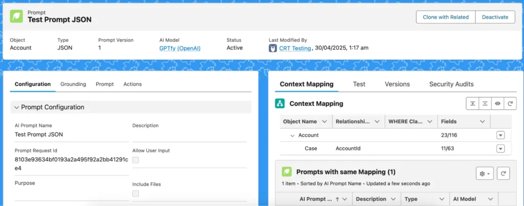 Screenshot of GPTfy Prompt Command interface with a basic text prompt and no merge field selected.