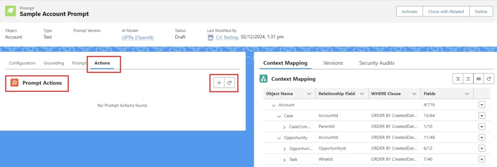 Screenshot of the GPTfy Prompt Builder interface showing the "Actions" tab with an option to add new prompt actions and the Context Mapping section displaying object relationships and fields.