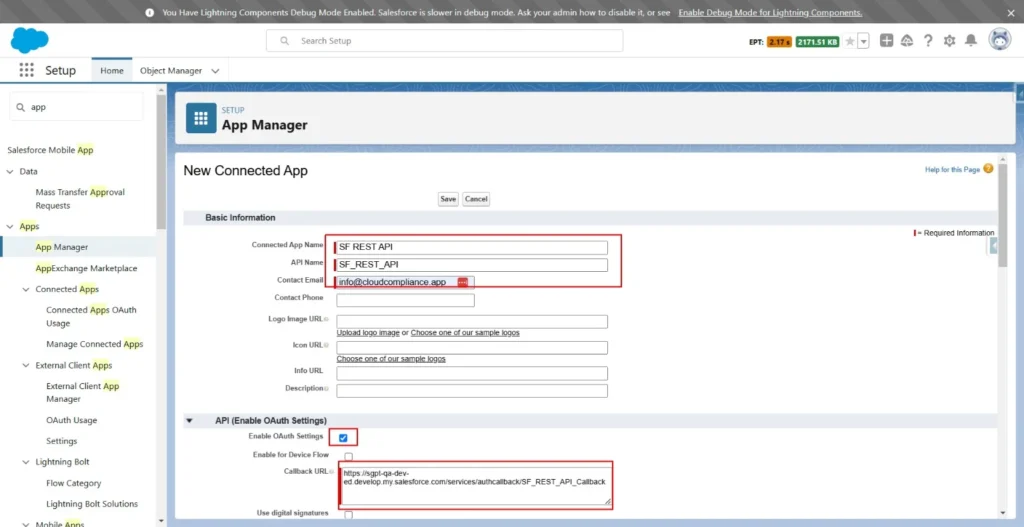 Salesforce New Connected App form showing fields for API and OAuth settings.