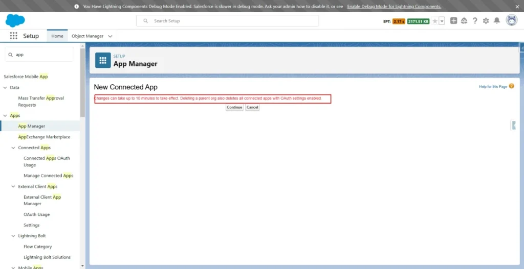 Salesforce screen showing a confirmation message after setting up a connected app.