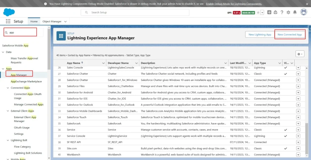 Salesforce App Manager interface showing the option to create a new connected app.