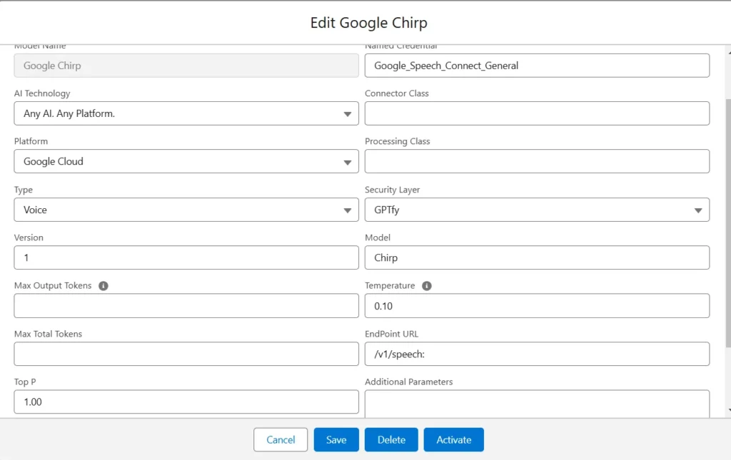 Configuration details for the Google Chirp model in Salesforce, leveraging GPTfy and Google Cloud.