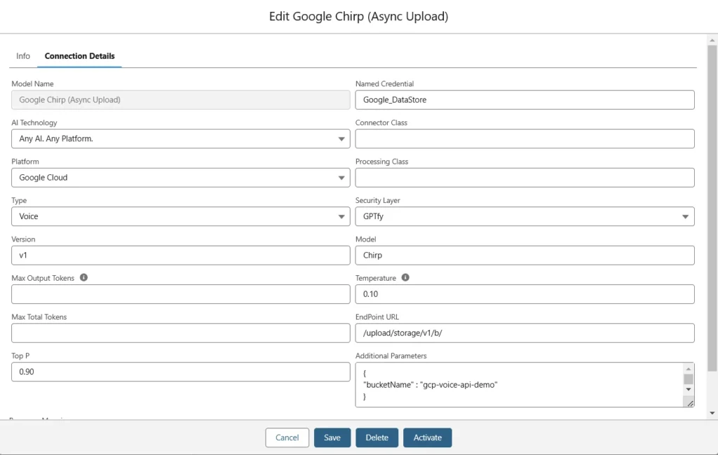 Configuration screen for editing the connection details of the "Google Chirp (Async Upload)" model in GPTfy.