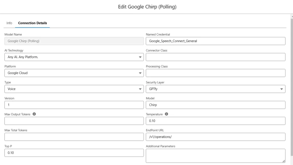 Configuration screen for editing the connection details of the "Google Chirp (Polling)" model in GPTfy.