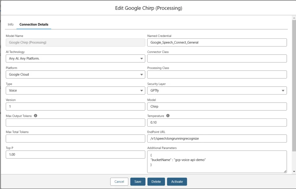 Configuration screen for editing the connection details of the "Google Chirp (Processing)" model in GPTfy.