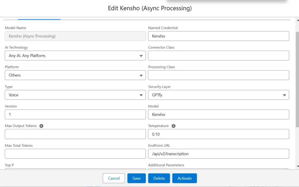 Salesforce screen for editing Kensho (Async Processing) model configuration with fields like Named Credential and Endpoint URL.