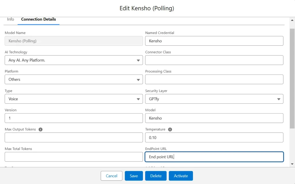 Salesforce screen for editing Kensho (Polling) model configuration with fields like Named Credential and Endpoint URL.