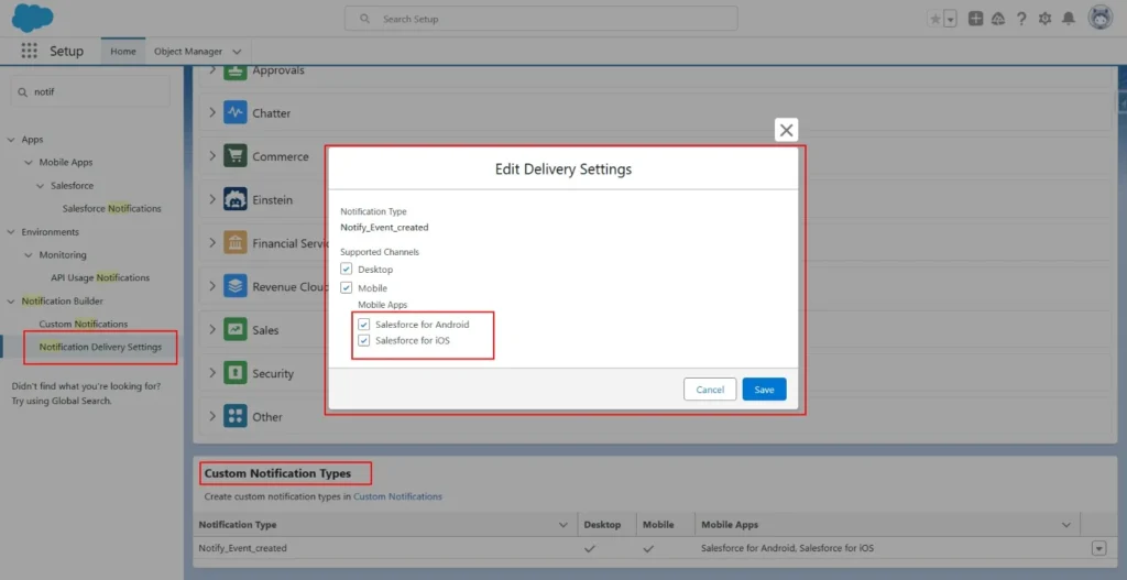 Salesforce setup showing Edit Delivery Settings for Notify_Event_created, with desktop and mobile channels, and options for Salesforce for Android and iOS.