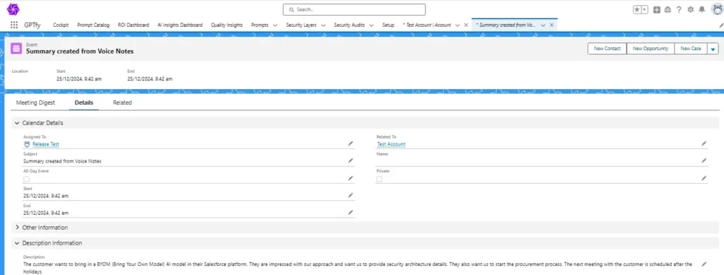 A Salesforce event record titled "Summary created from Voice Notes," showing calendar details, related account information, and a description mentioning a customer's request to bring a BYOM AI model into their Salesforce platform, security architecture details, and the procurement process.