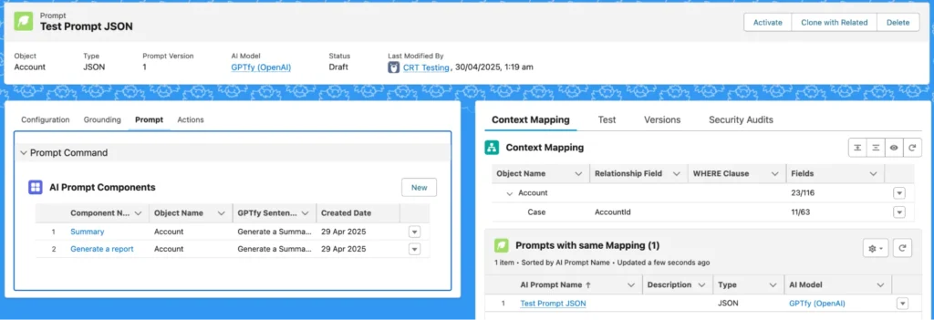 GPTfy prompt editor showing a command that uses merge fields for account description and contact email with triple curly braces.