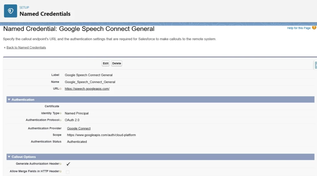 Detailed configuration of the Google Speech Connect General Named Credential in Salesforce, including authentication and callout options.