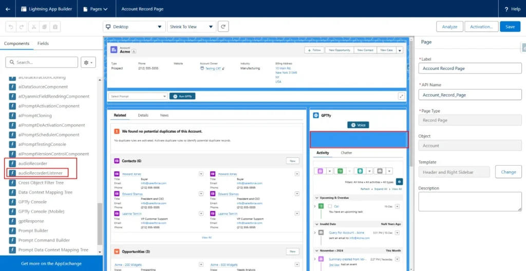 Salesforce Lightning App Builder interface showing an Account Record Page setup with components, including audioRecorder and audioRecorderListener, on the left and account details on the right.