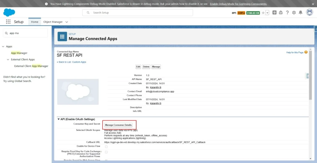 Salesforce Manage Connected Apps screen showing options for managing consumer details and OAuth settings.