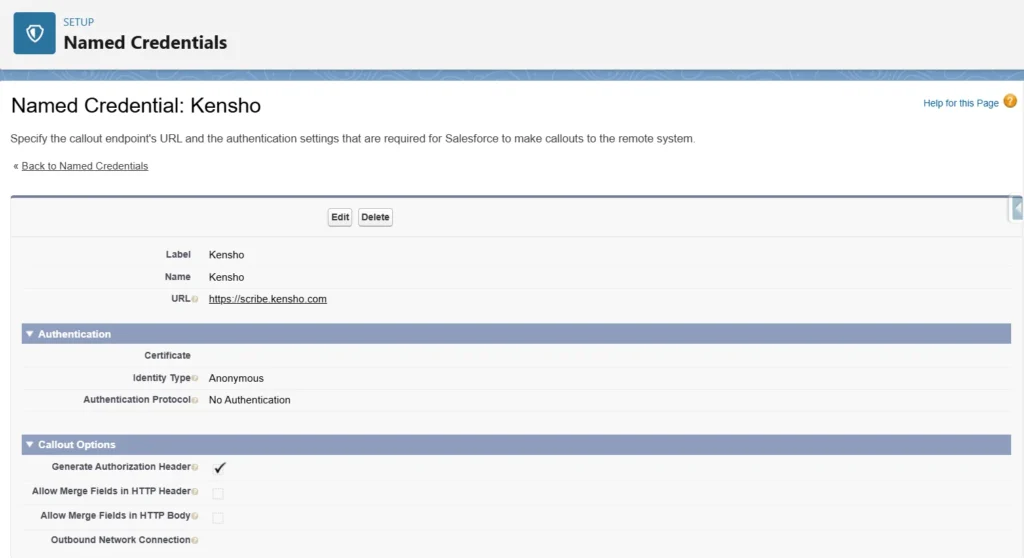 Salesforce Named Credential configuration screen showing URL, authentication settings, and callout options for Kensho.