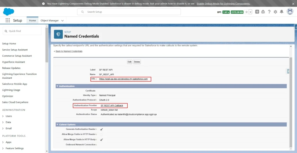 Salesforce Named Credentials configuration screen showing URL, Authentication Provider, and OAuth settings.