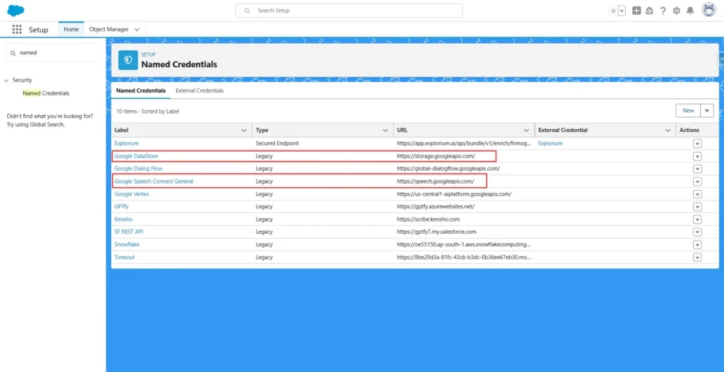 A list of Named Credentials in Salesforce setup, highlighting specific entries such as Google DataStore, Google Dialog Flow, and Google Speech Connect General.