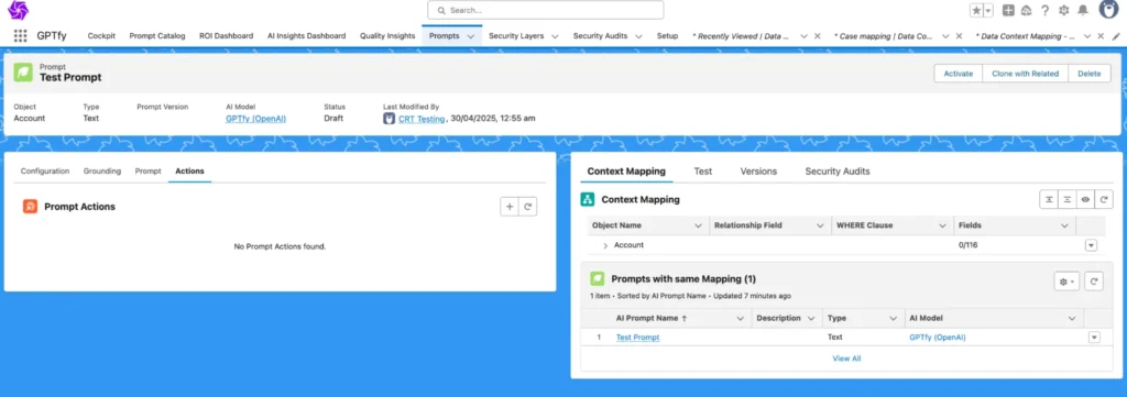 GPTfy interface showing the Actions tab of a prompt with no actions defined yet, alongside context mapping information for the Account object.