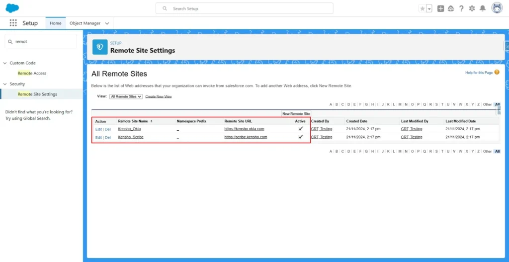 Salesforce Remote Site Settings screen showing Kensho_Okta and Kensho_Scribe remote sites.