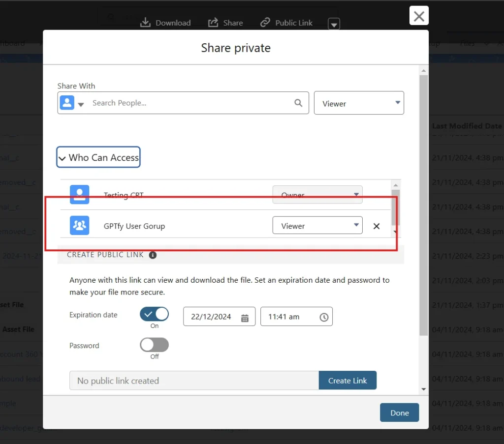 Salesforce file-sharing interface showing sharing options for specific users or groups with access permissions.