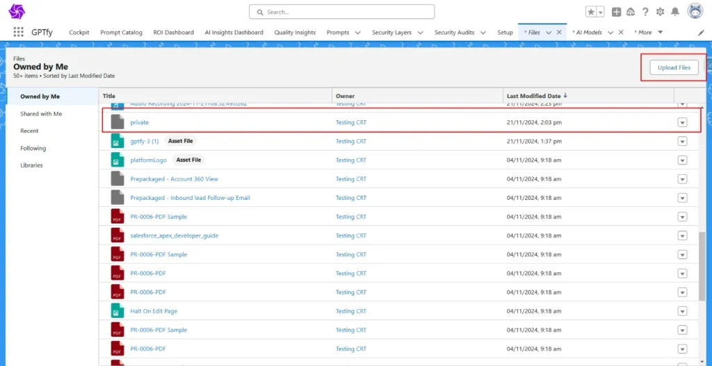 Salesforce Files interface showing uploaded files, including a private key file.