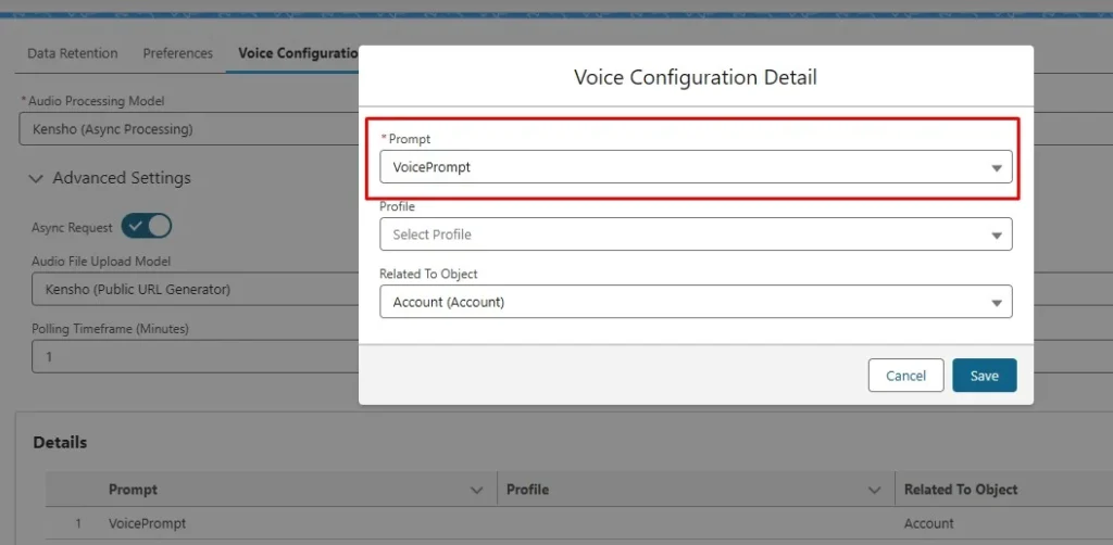 Screenshot of the Voice Configuration Detail interface with the VoicePrompt selected as the prompt and Account object selected as the related object.