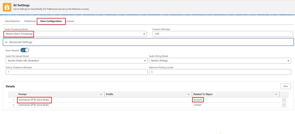 AI Settings panel showing Voice Configuration with Kensho processing models and prompts for GPTfy Voice Notes.