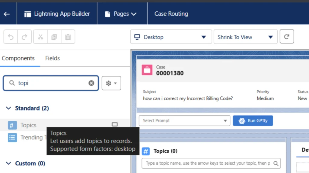 Salesforce Lightning App Builder showing a case page with Topics component and GPTfy integration. The interface displays a support case about incorrect billing code with a "Run GPTfy" button for AI-powered topic generation.